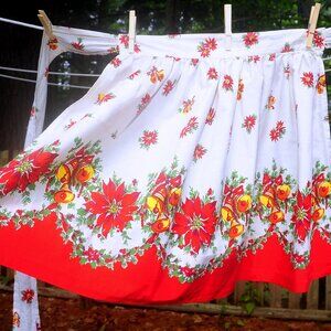 VTG Golden Holiday Bells & Poinsettias Christmas Hostess Apron Decorative Hem